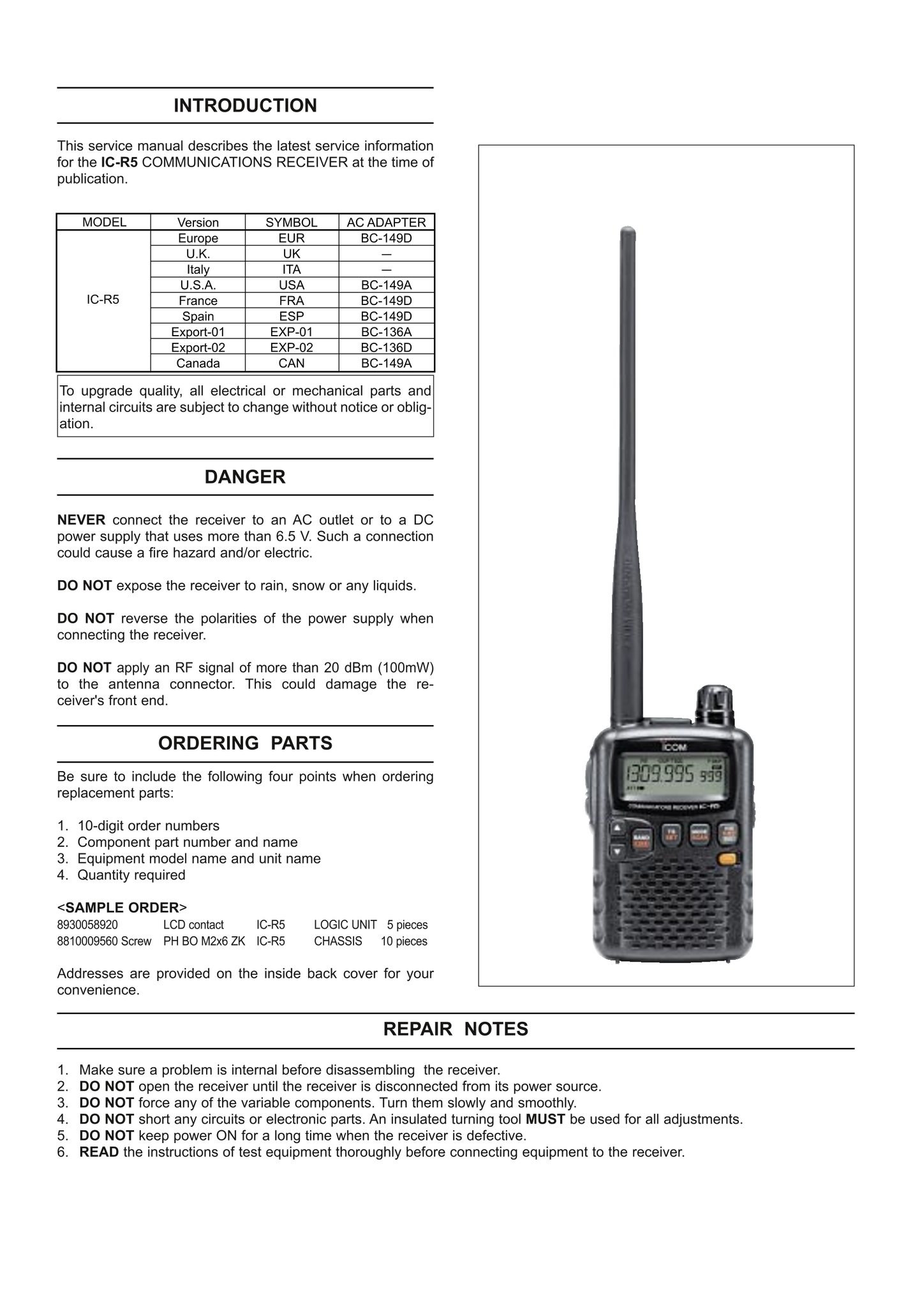 Icom IC-R5 Communicatons Receiver Service Manual (Pages: 39)