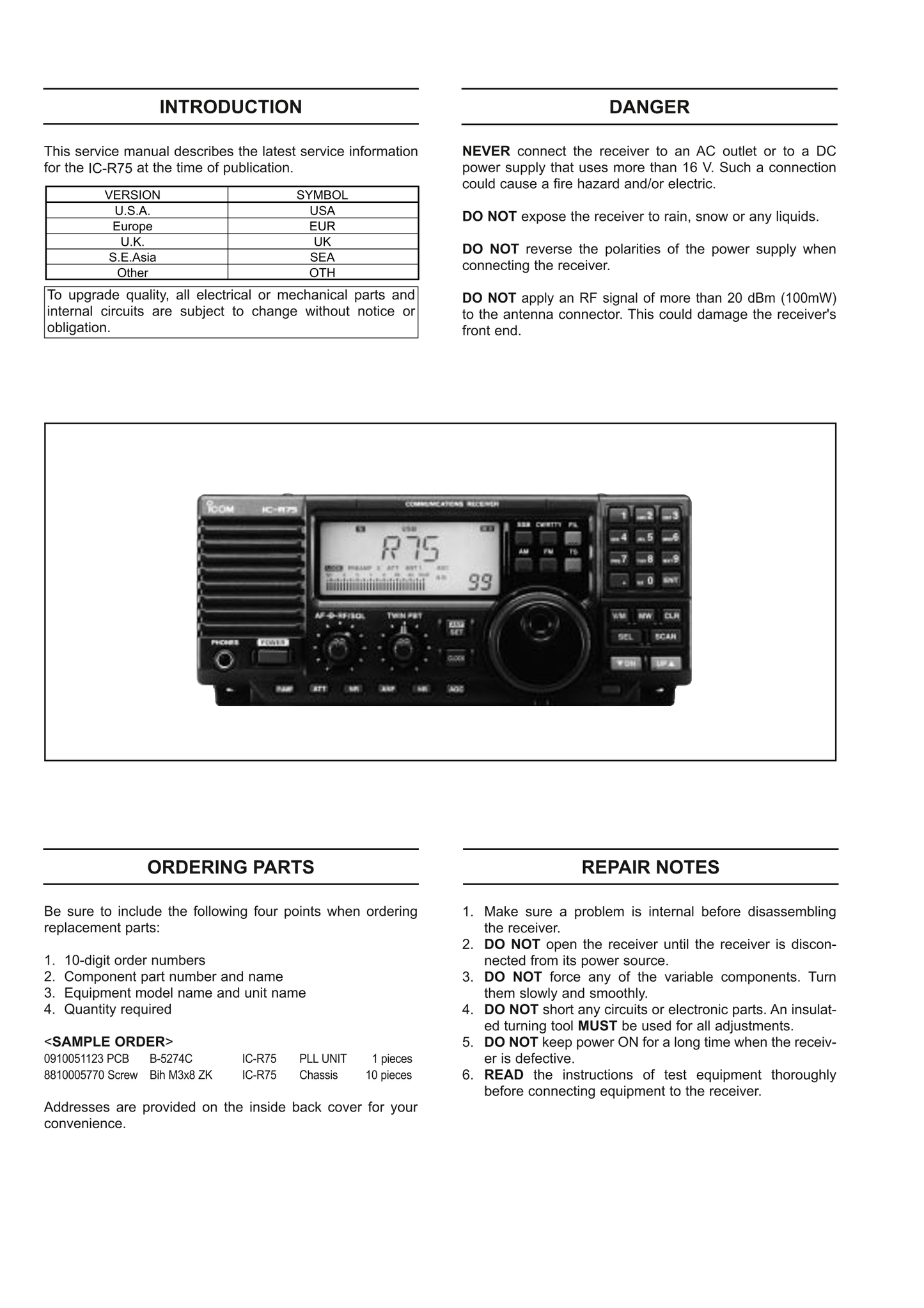 Icom IC-R75 Communicatons Receiver Service Manual (Pages: 51)