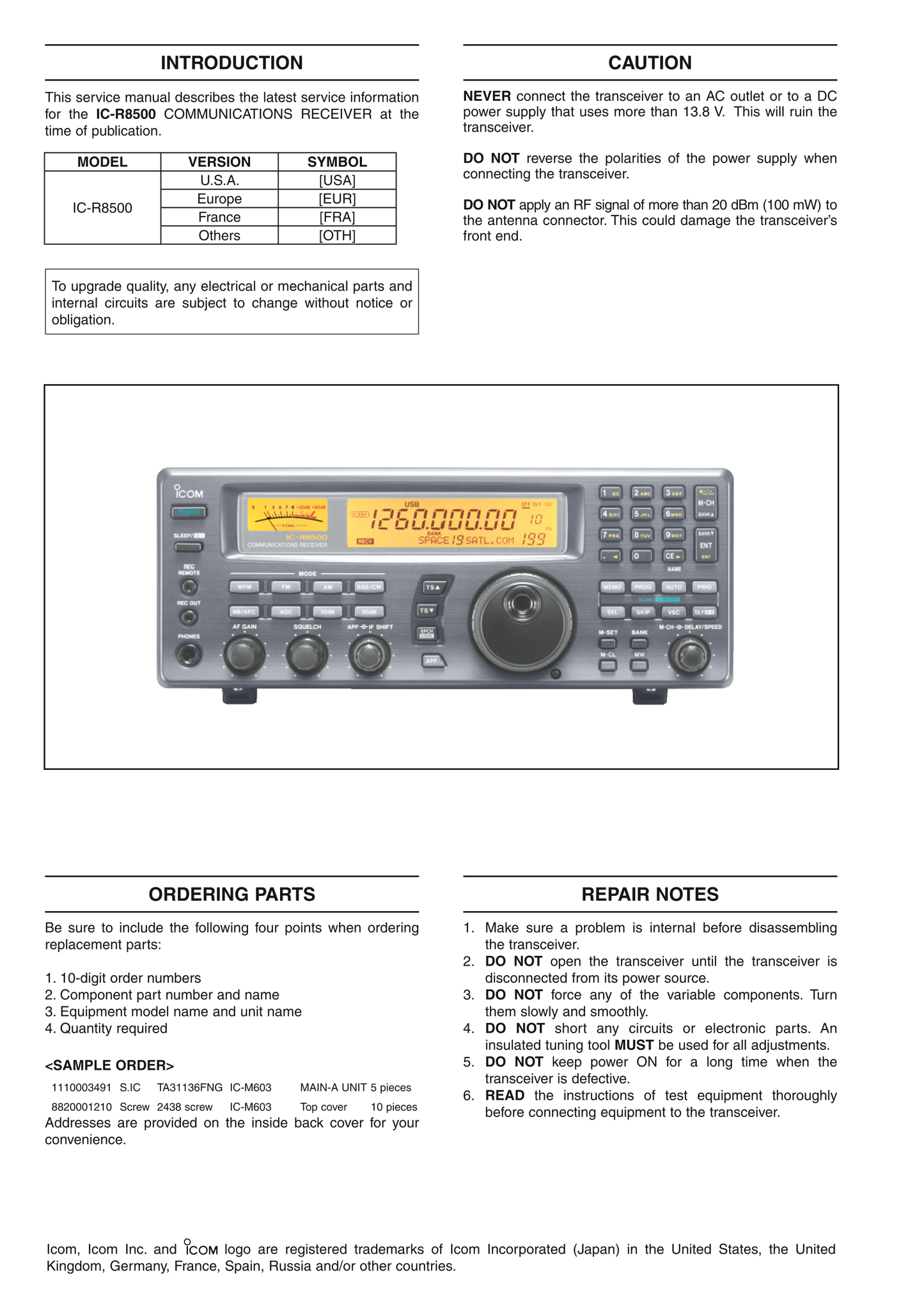 Icom IC-R8500 Communicatons Receiver Service Manual (Pages: 286)