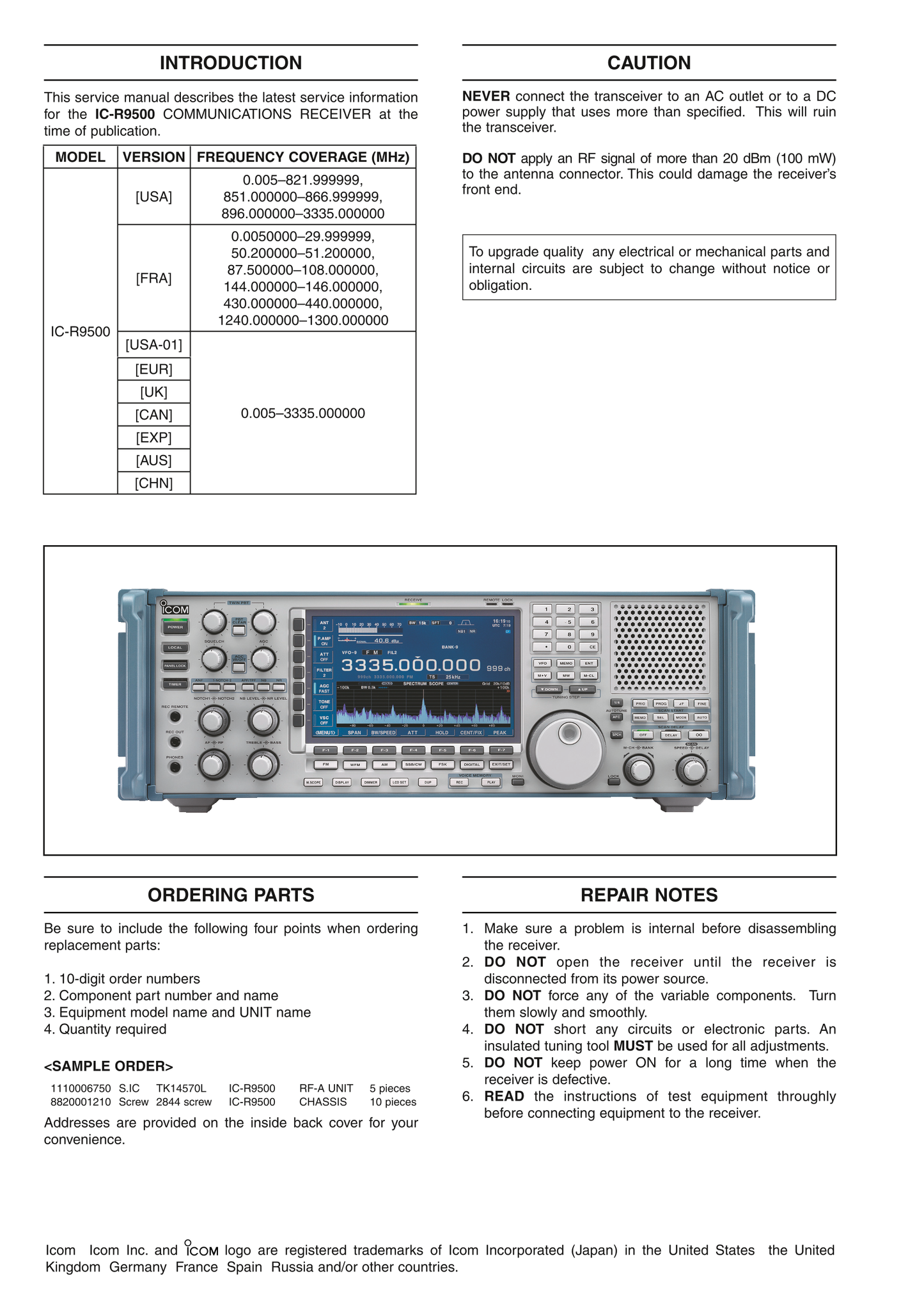 Icom IC-R9500 Communicatons Receiver Service Manual (Pages: 139)