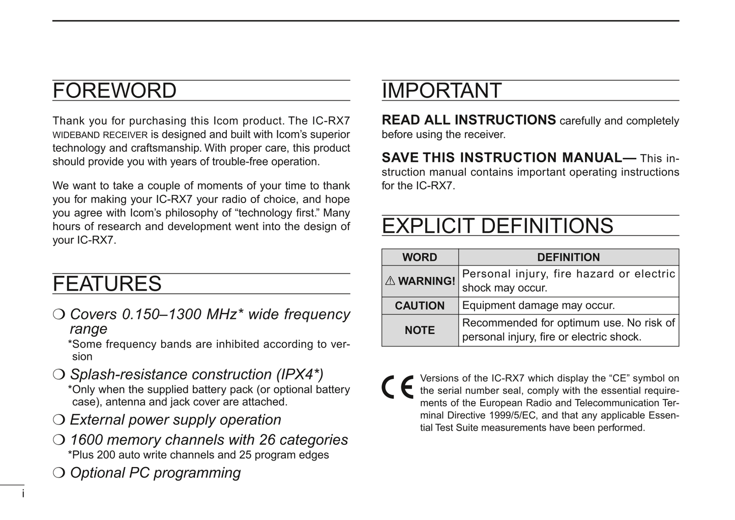 Icom IC-RX7 Wideband Receiver Owner/ User Manual (Pages: 108)