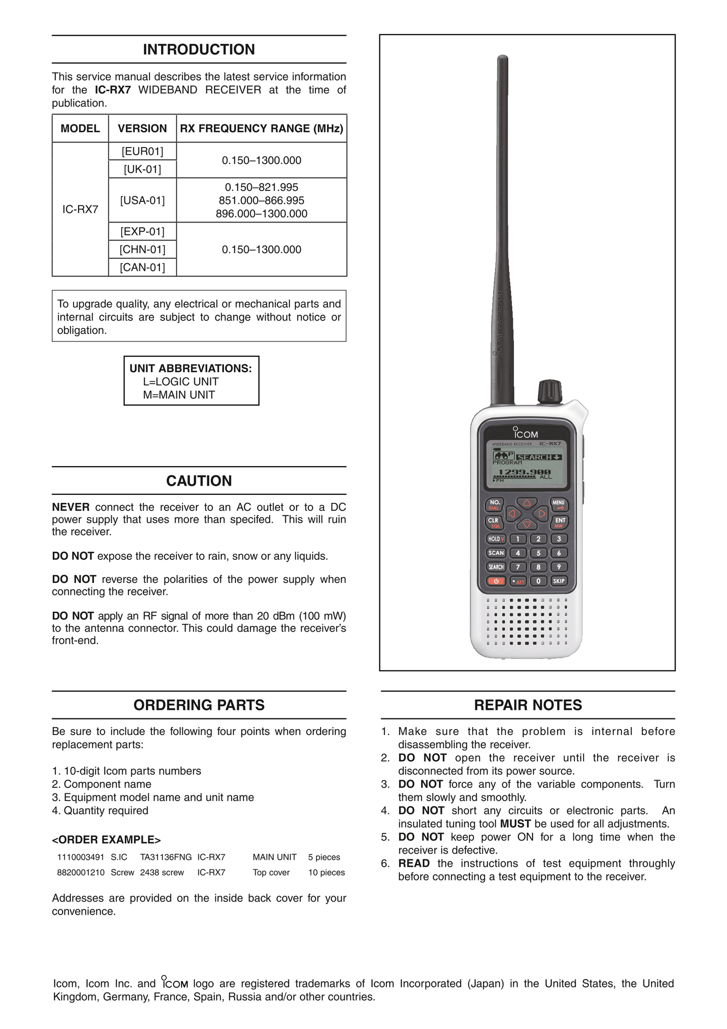 Icom IC-RX7 Wideband Receiver Service Manual (Pages: 35)