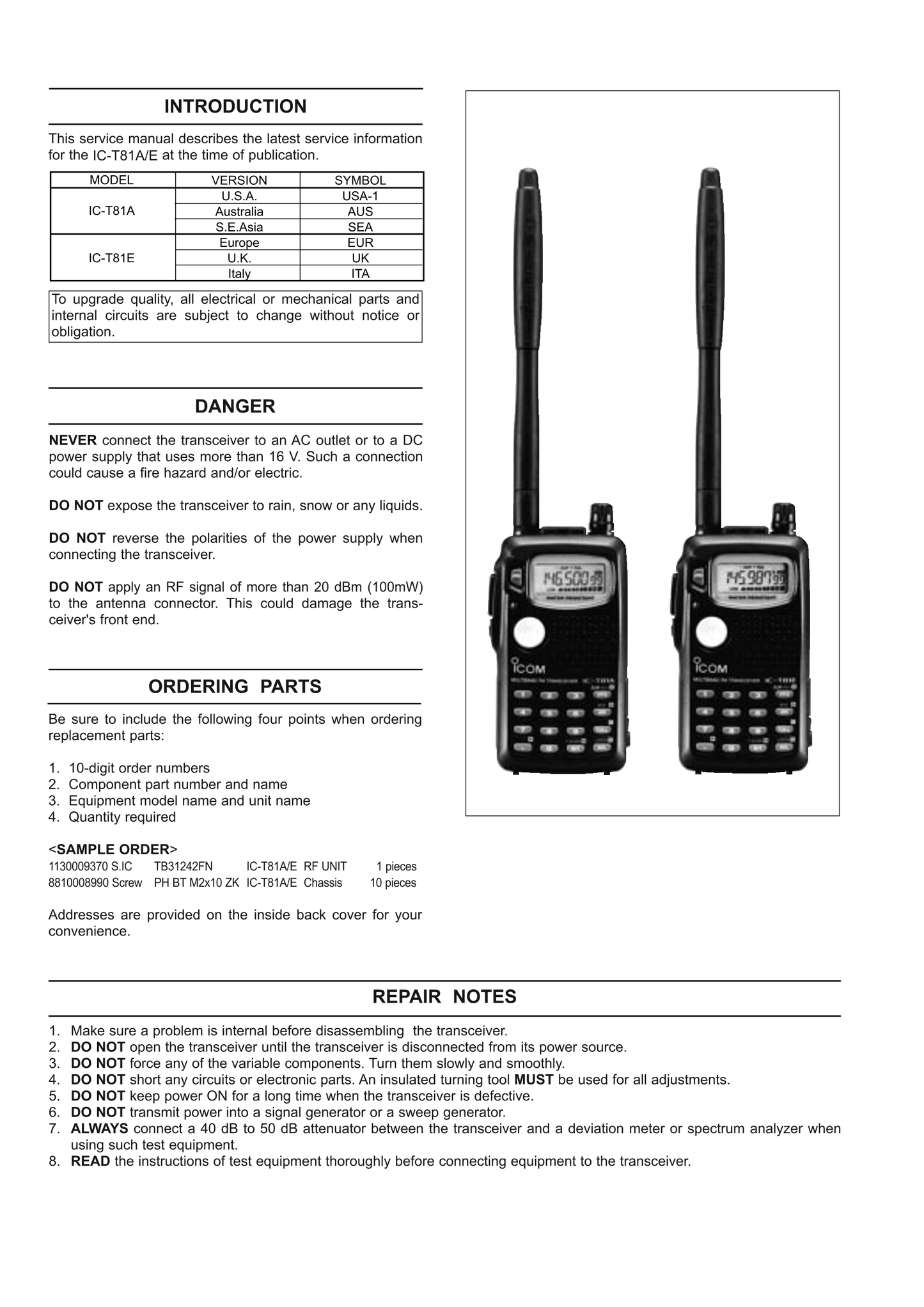 Icom IC-T81 A & E FM Transceiver Service Manual (Pages: 53)