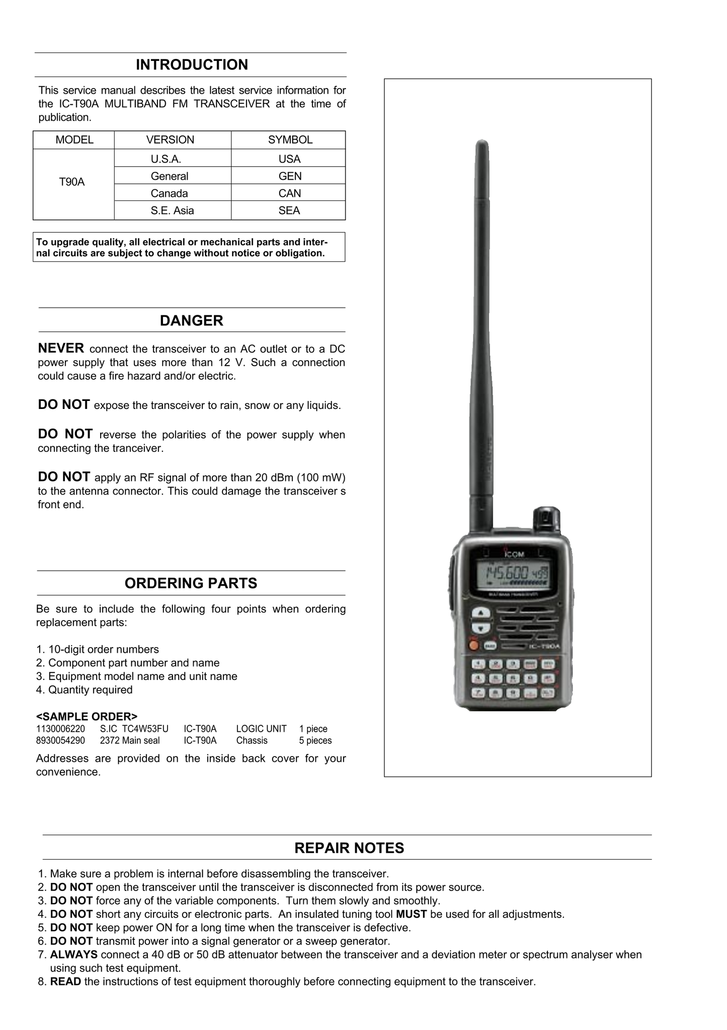 Icom IC-T90 A FM Transceiver Service Manual (Pages: 57)