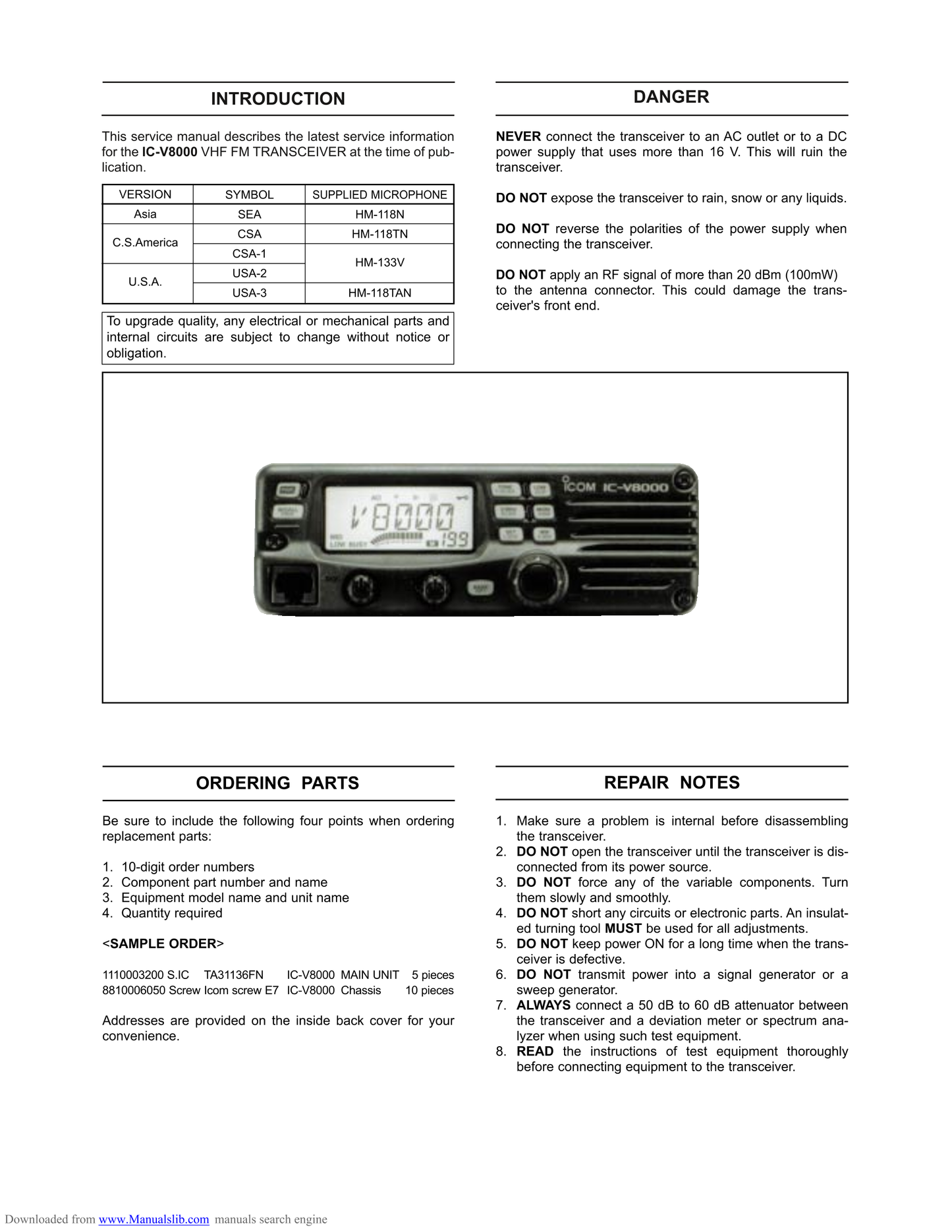 Icom IC-V8000 FM Transceiver Service Manual (Pages: 34)