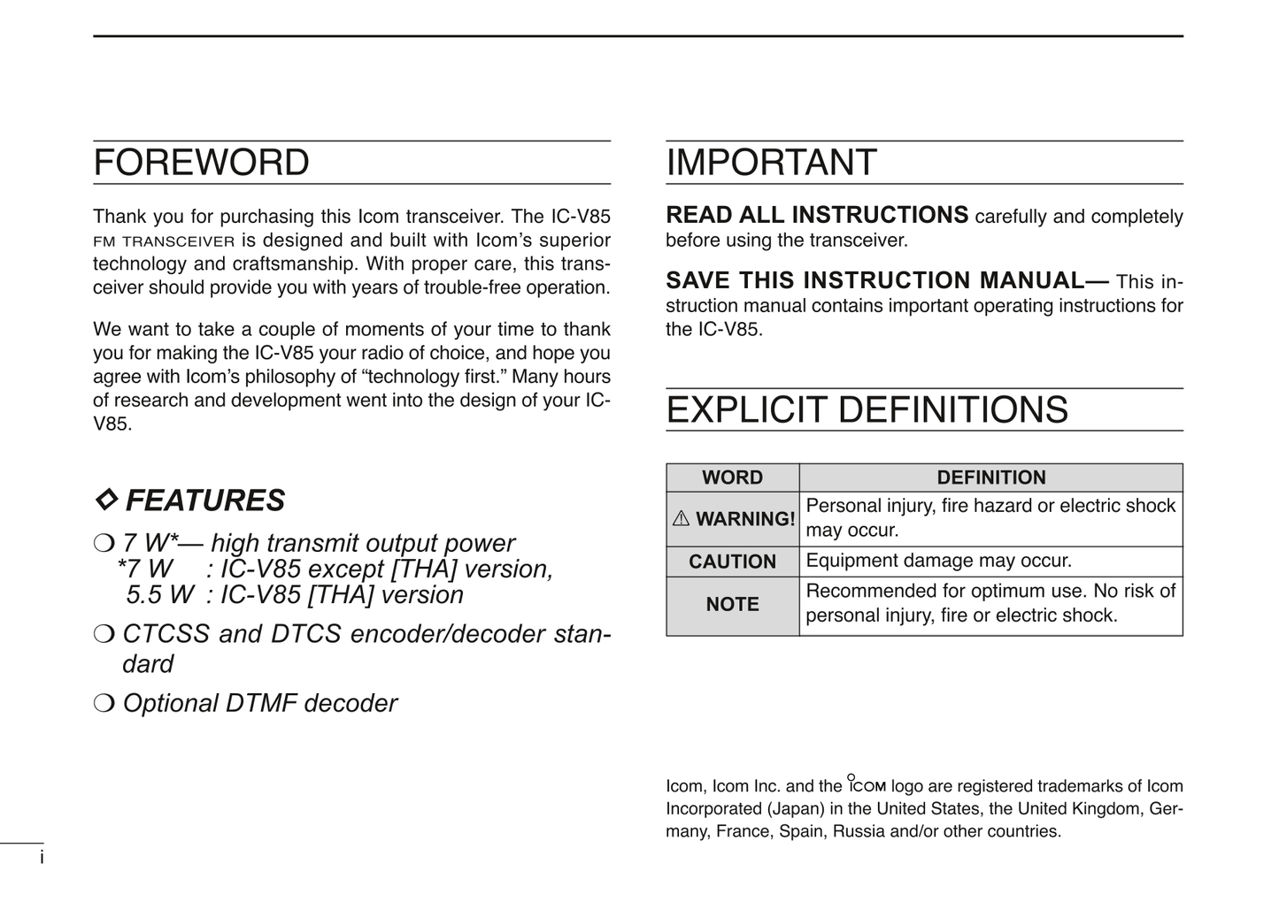 Icom IC-V85 & IC-V85-T FM Transceiver Owner/ User Manual (Pages: 80)