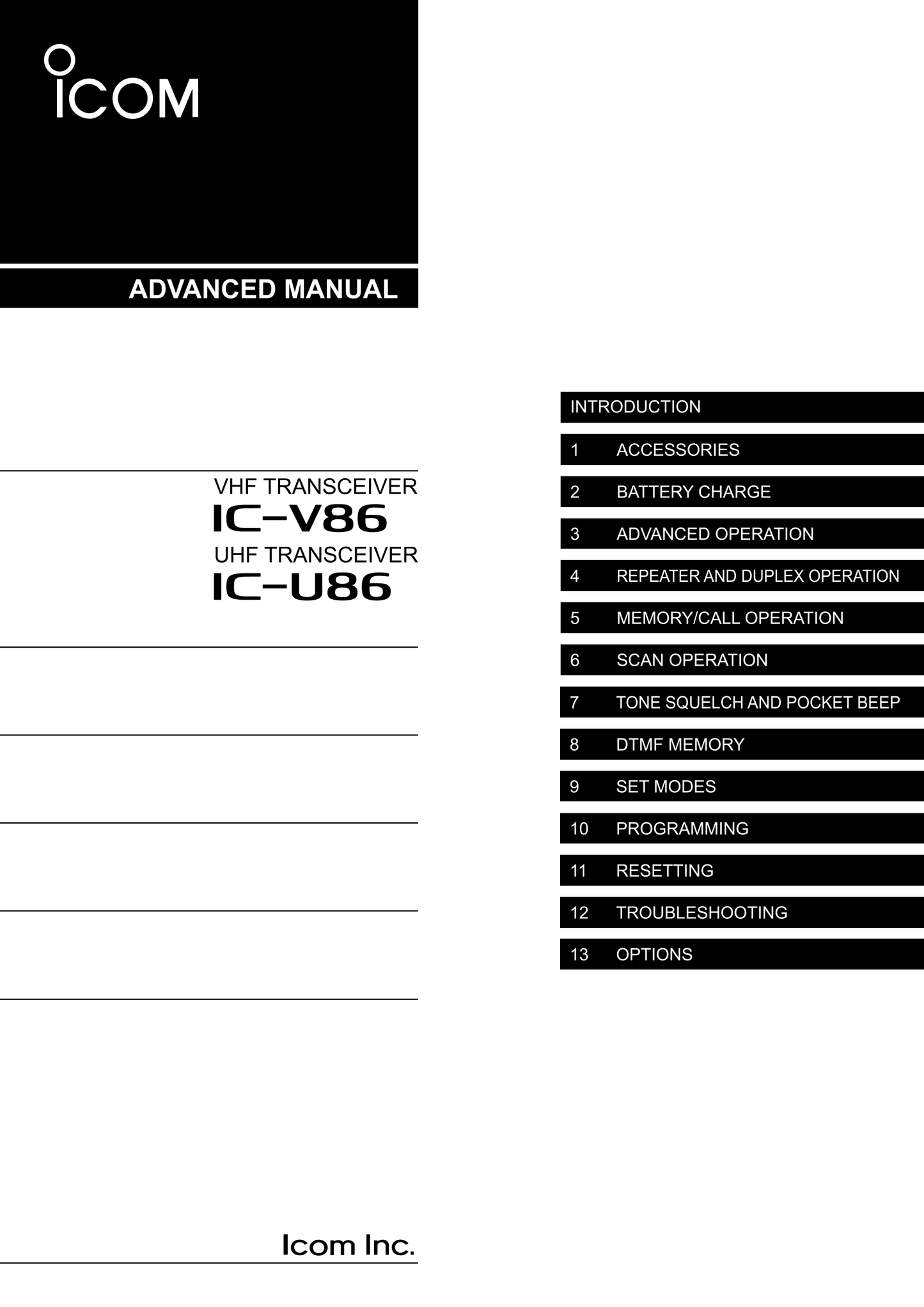 Icom IC-V86 & IC-U86 VHF/UHF Transceiver Owner/ User Manual (Advanced) (Pages: 53)