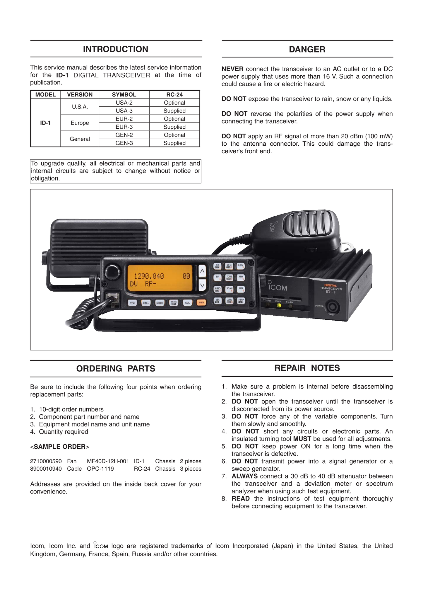 Icom ID-1 Digital Transceiver Service Manual (Pages: 54)