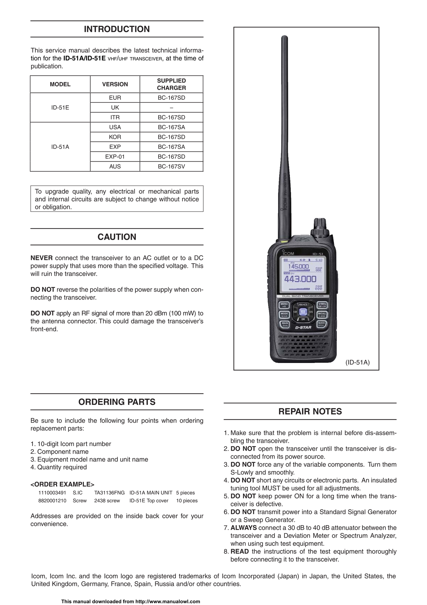 Icom ID-51 A & E VHF/UHF Transceiver Service Manual (Pages: 60)