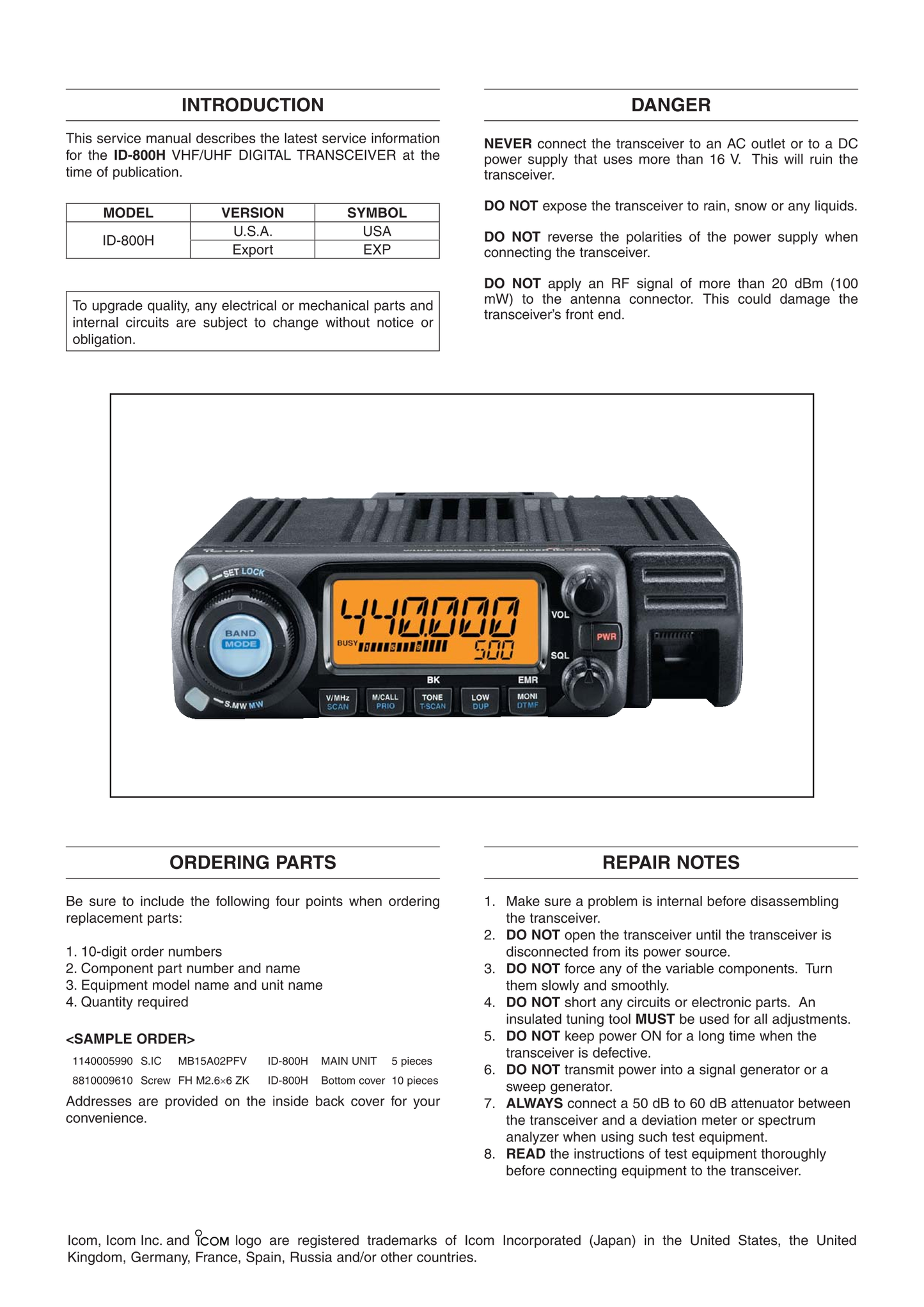 Icom ID-800 H VHF/UHF Digital Transceiver Service Manual (Pages: 56)