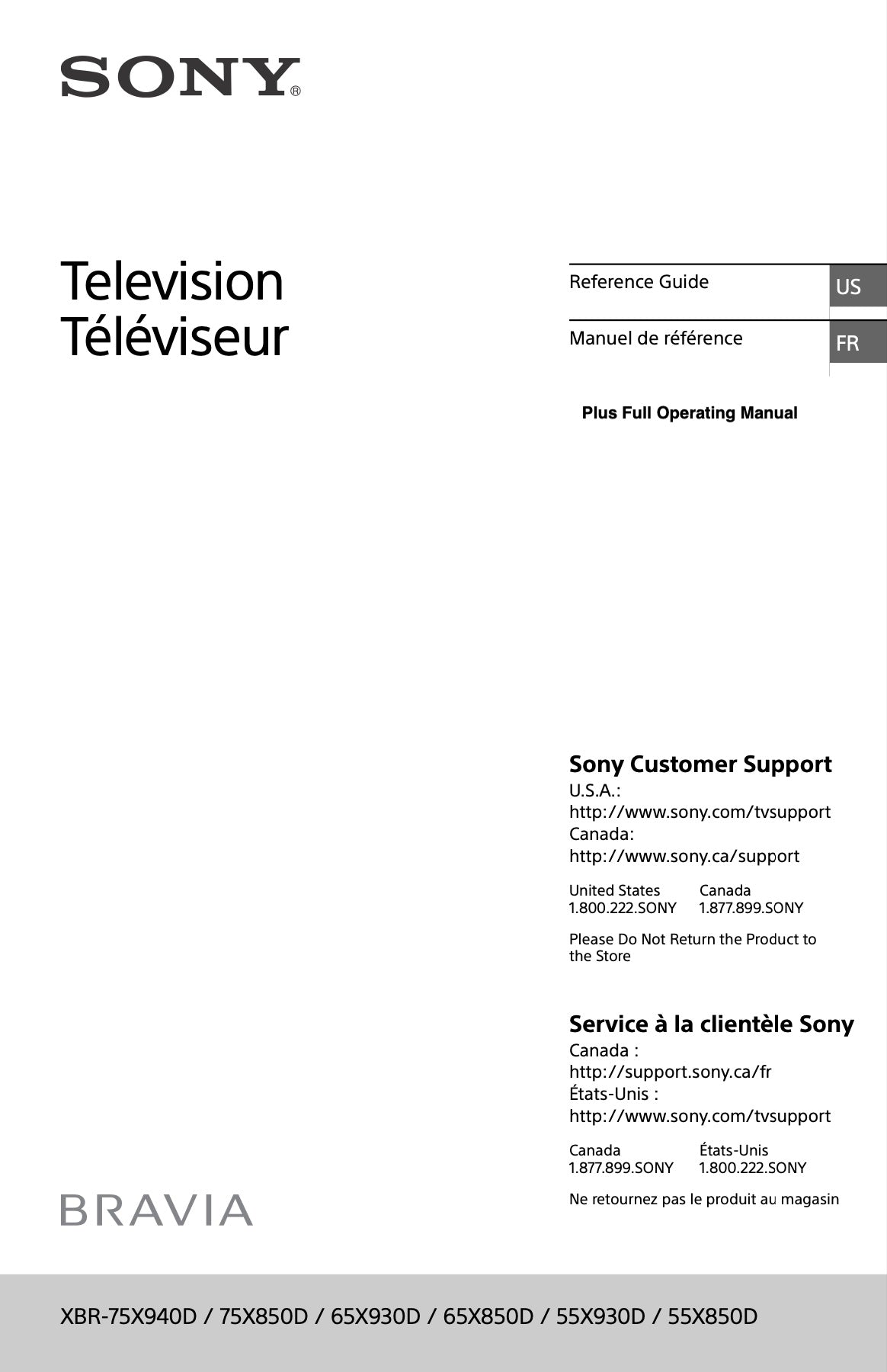 Sony XBR-65X850D XBR-75X940D XBR55X850D TV Operating Manual (182 Pages) - Reference Guide + Full Help Guide
