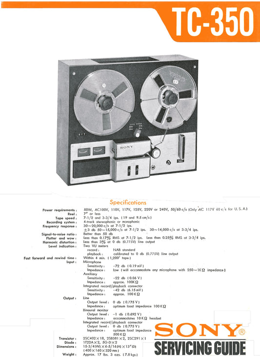 Sony TC-350 Reel to Reel Tape Recorder Service Manual (Pages: 33)