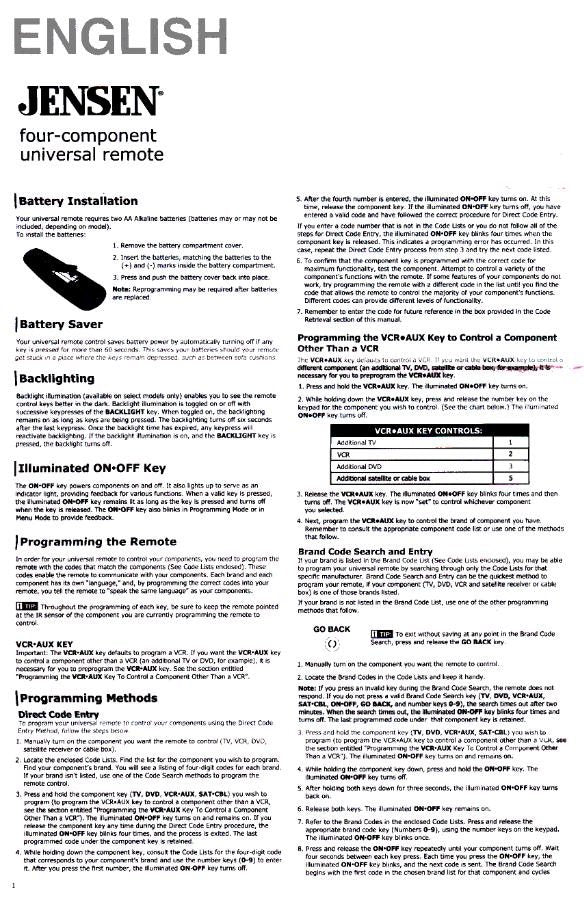 Jensen JER422OM Universal Remote Control Operating Manual