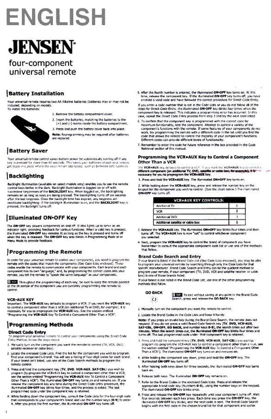 Jensen JER422OM Universal Remote Control Operating Manual