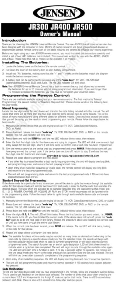Jensen JR300 JR400 JR500OM Universal Remote Control Operating Manual