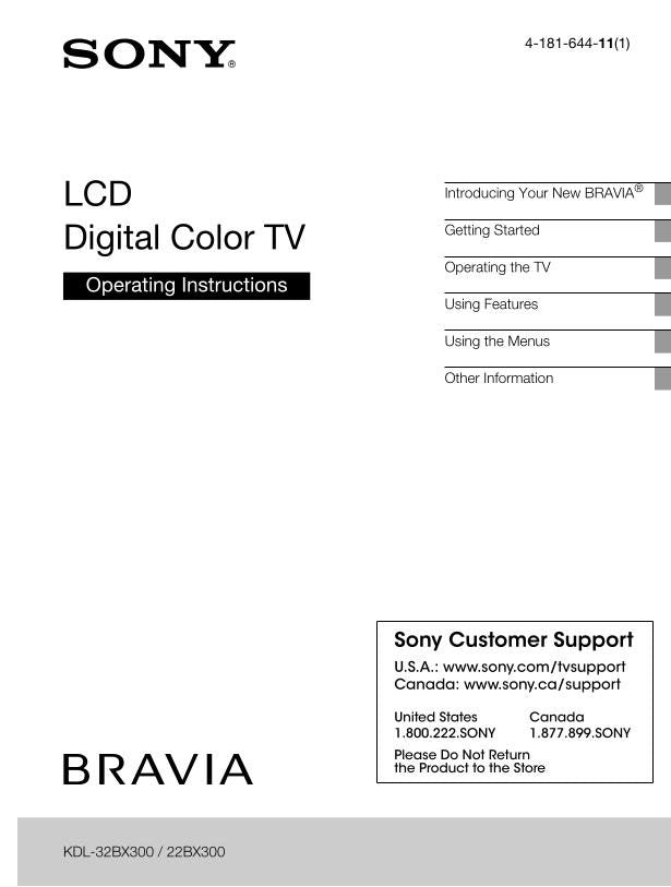 Sony KDL22BX300 KDL32BX300 TV Operating Manual