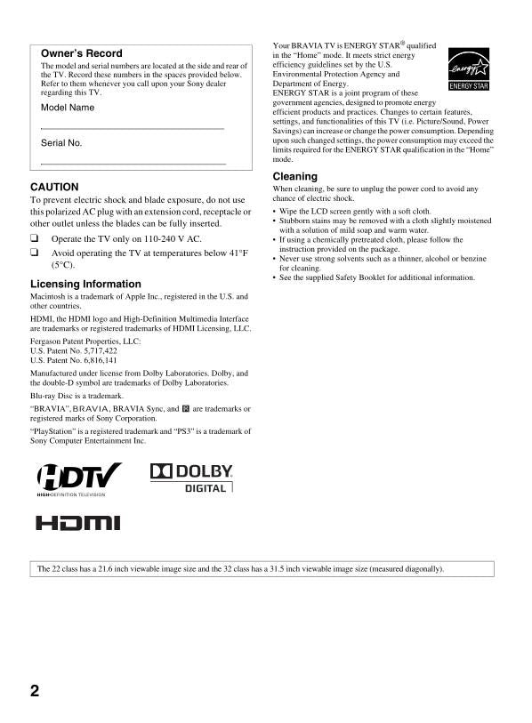 Sony KDL22BX300 KDL32BX300 TV Operating Manual
