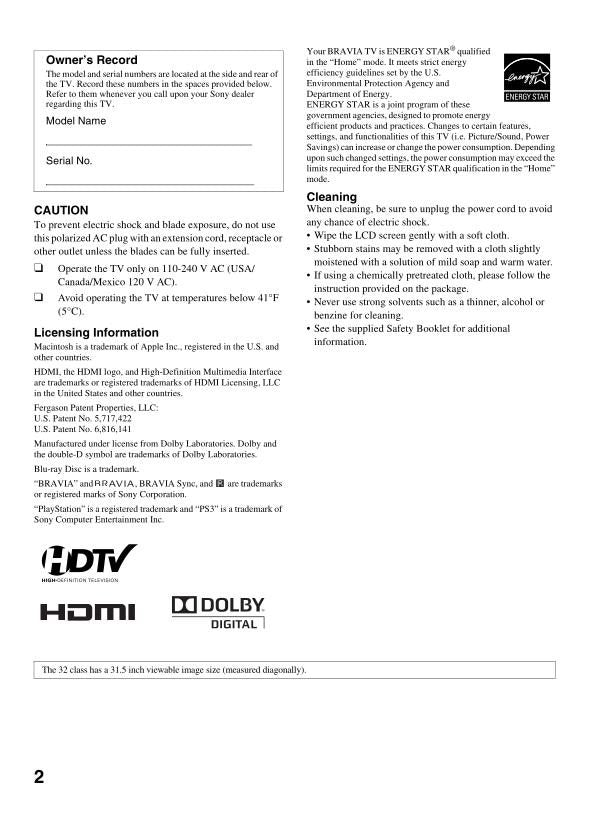 Sony KDL22BX320 KDL32BX320 KDL32BX420 TV Operating Manual