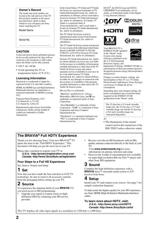 Sony KDL22EX308 KDL32EX308 KDL40HX701 TV Operating Manual