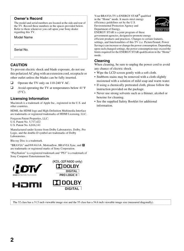 Sony KDL32EX301 KDL32EX400 KDL32EX500 TV Operating Manual