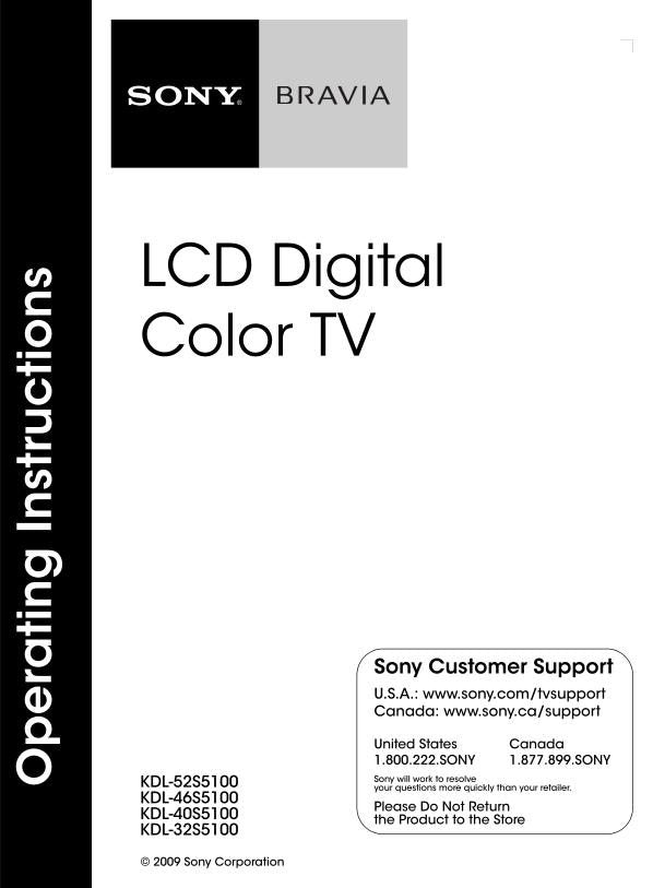 Sony KDL32S5100 KDL40S5100 KDL46S5100 TV Operating Manual