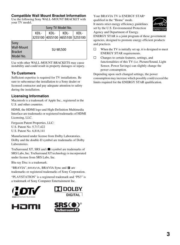 Sony KDL32S5100 KDL40S5100 KDL46S5100 TV Operating Manual