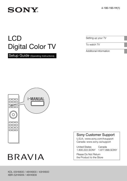 Sony KDL46HX800 KDL55HX800 KDLXBR40HX800 TV Operating Manual