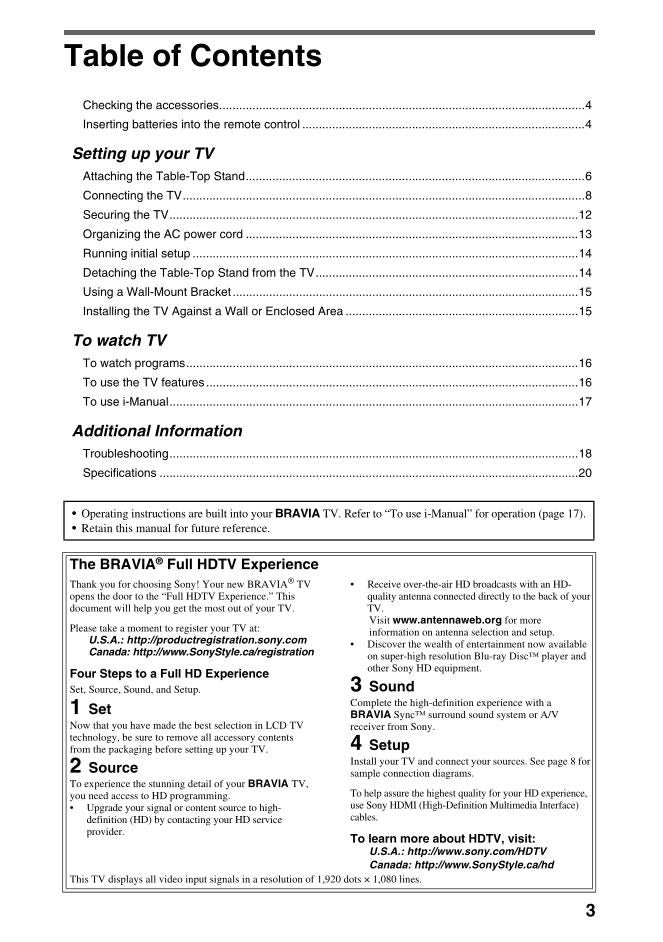Sony KDL46HX800 KDL55HX800 KDLXBR40HX800 TV Operating Manual