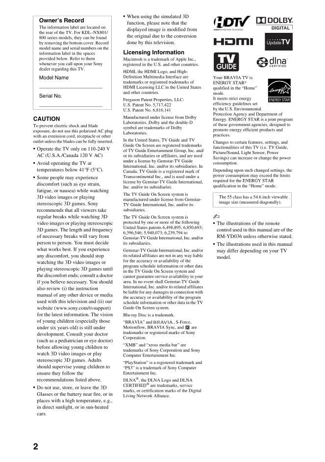 Sony KDL40NX700 KDL40NX710 KDL40NX711 TV Operating Manual