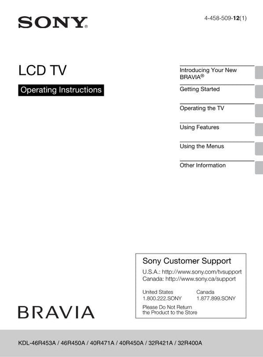Sony KDL40R450A TV Operating Manual
