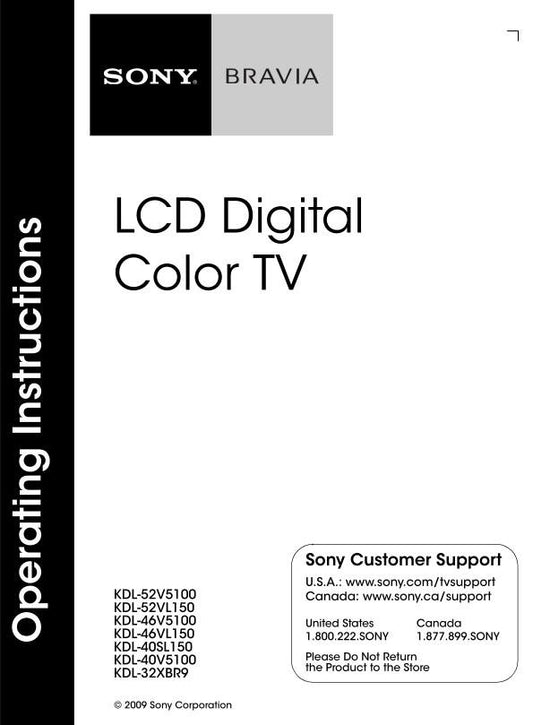 Sony KDL32XBR9 KDL40SL150 KDL40V5100 TV Operating Manual