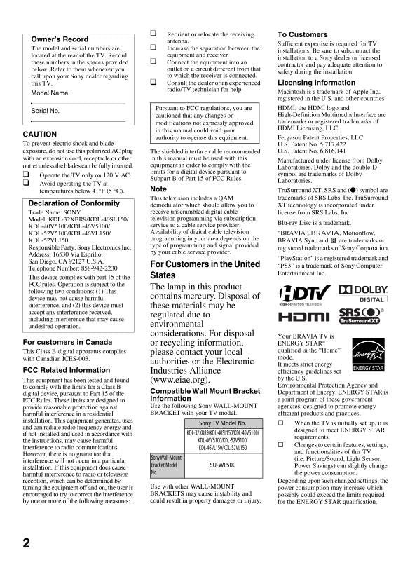 Sony KDL32XBR9 KDL40SL150 KDL40V5100 TV Operating Manual