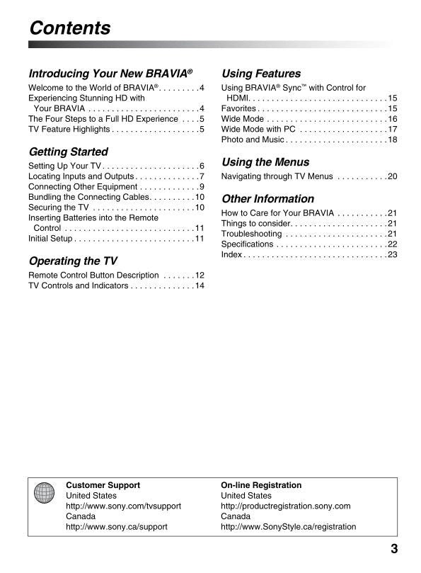Sony KDL32XBR9 KDL40SL150 KDL40V5100 TV Operating Manual