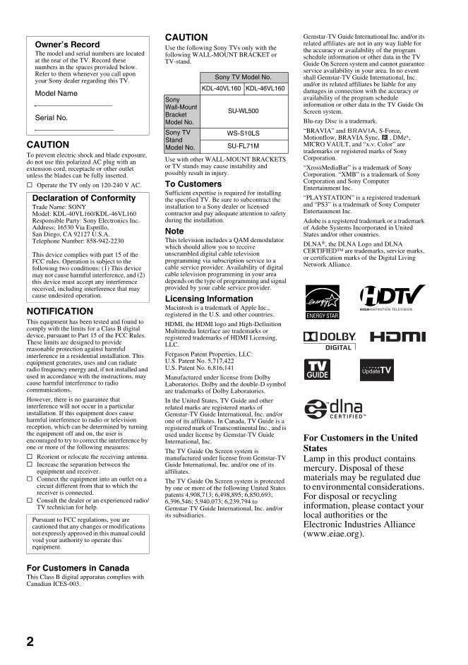 Sony KDL40VL160 KDL46VL160 TV Operating Manual