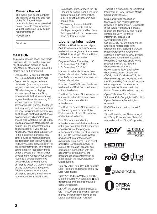 Sony KDL46HX750 KDL46HX751 KDL55HX750 TV Operating Manual