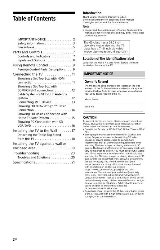 Sony KDL-75W850C KDL65W850C TV Operating Manual