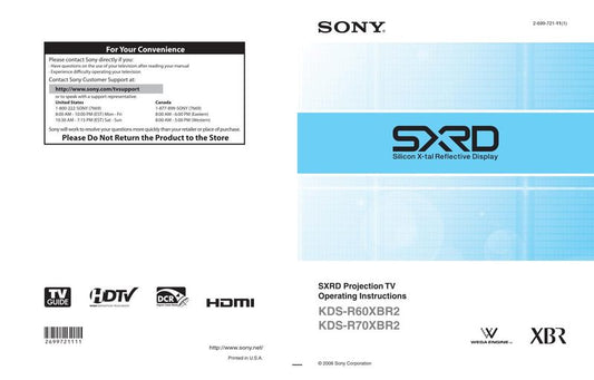 Sony KDSR60XBR1 KDSR60XBR2 KDSR70XBR2 TV Operating Manual