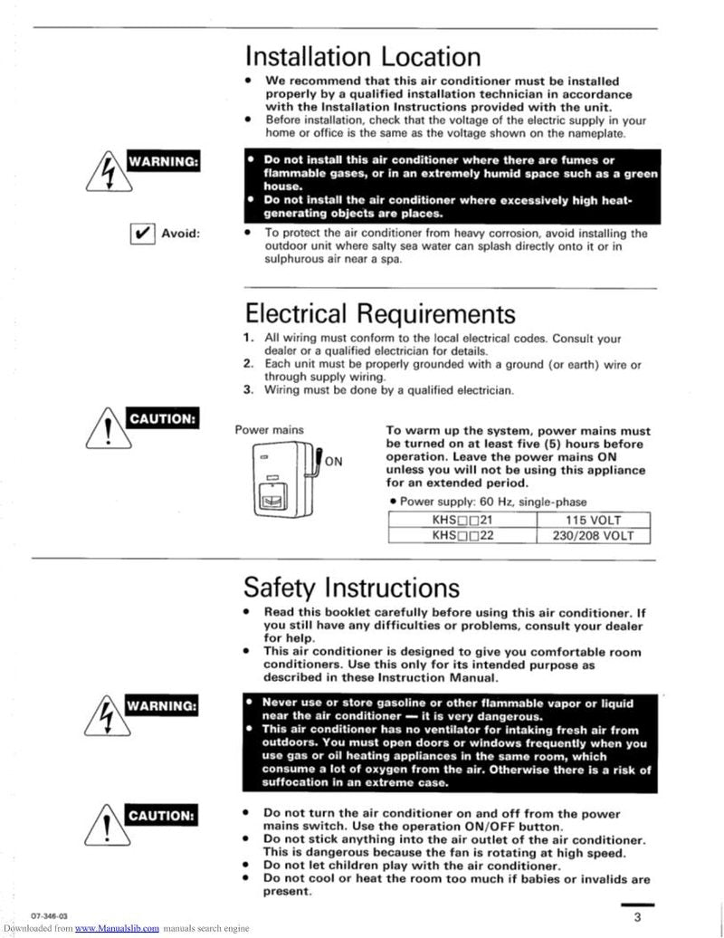 Sanyo KHS0921 KHS0922 KHS1222 Air Conditioner Unit Operating Manual