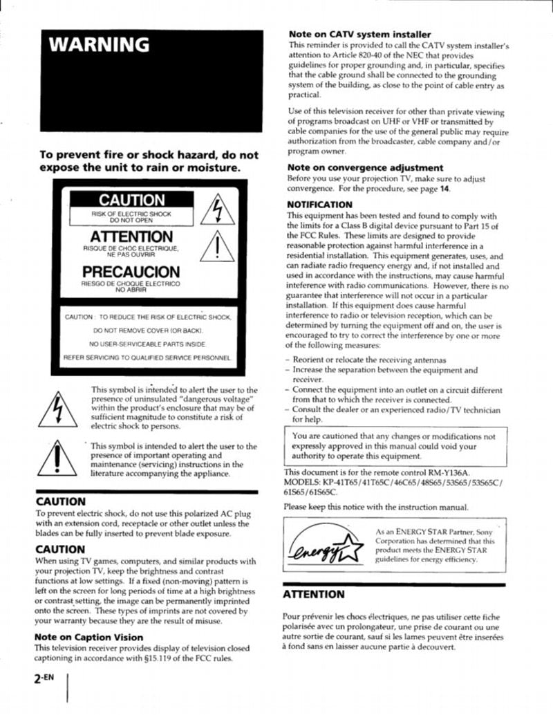 Sony KP41T65OM VCR Operating Manual