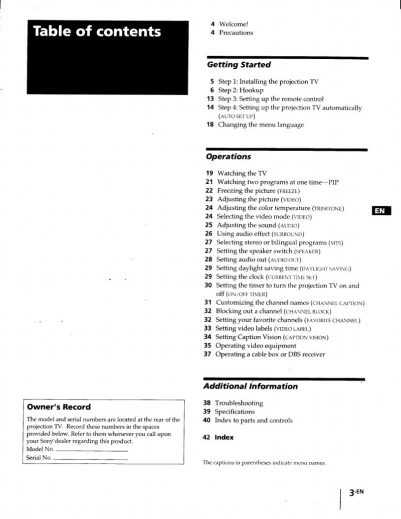 Sony KP41T65OM VCR Operating Manual