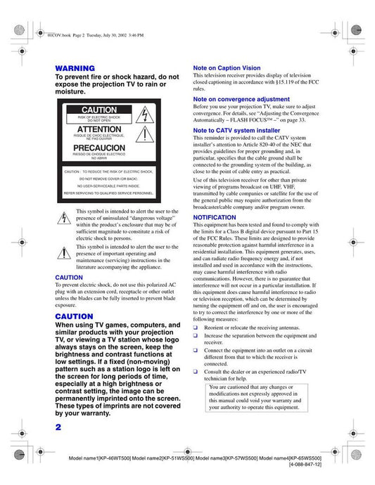 Sony KP46WT500 KP51WS500 KP57WS500 TV Operating Manual