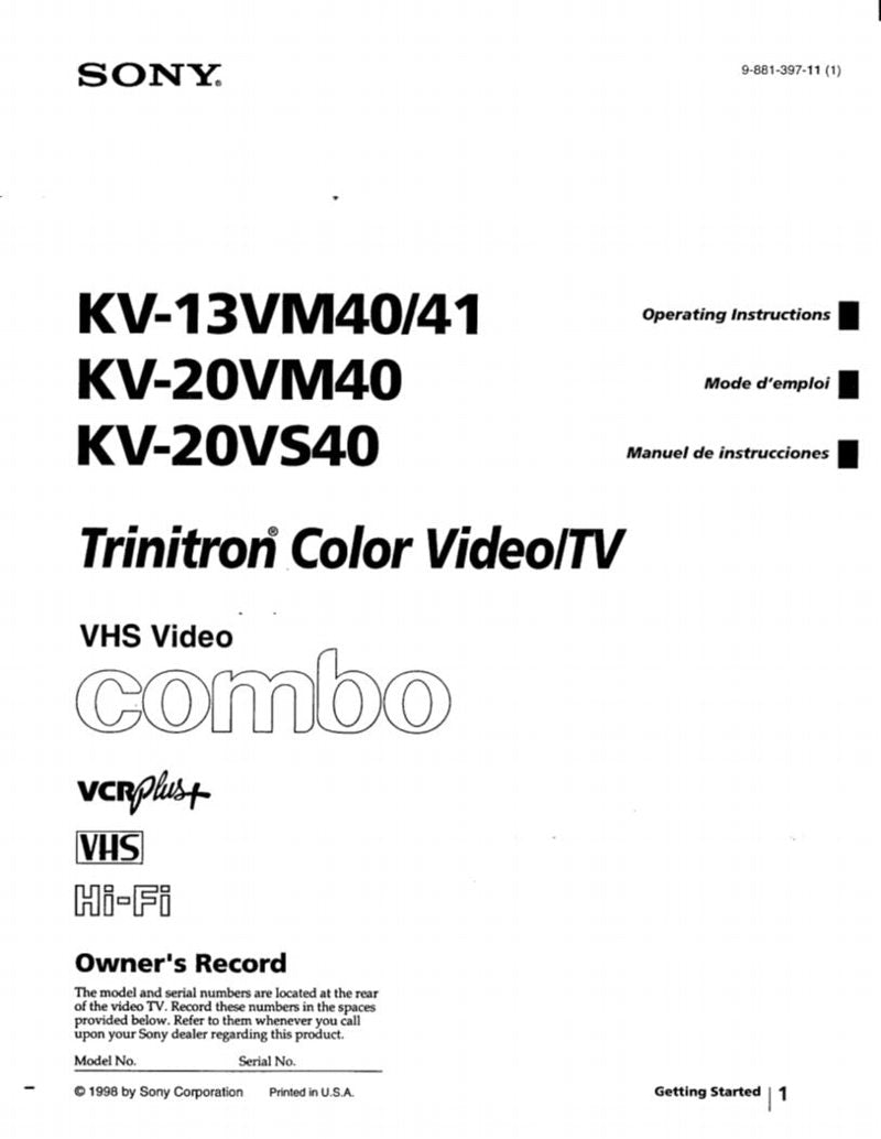 Sony KV13VM40 KV13VM41 KV20VM40 TV Operating Manual