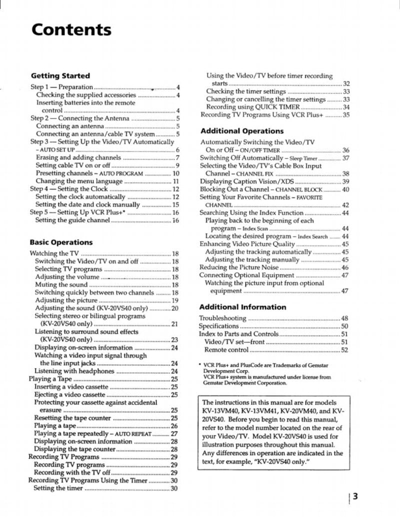 Sony KV13VM40 KV13VM41 KV20VM40 TV Operating Manual