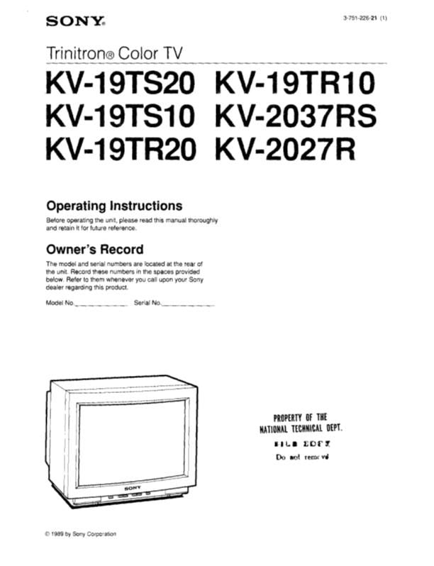 Sony KV19TR10 KV19TR20 KV19TS10 TV Operating Manual