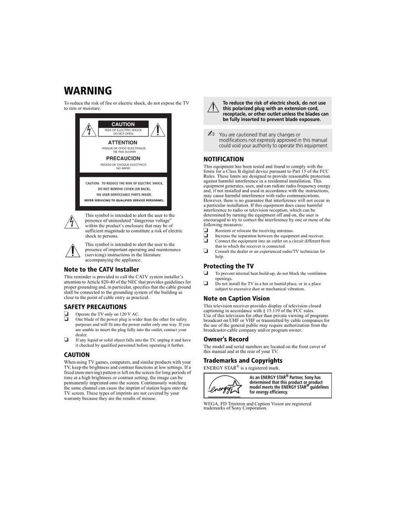 Sony KV27FS100 KV27FS200 KV32FS100 TV Operating Manual