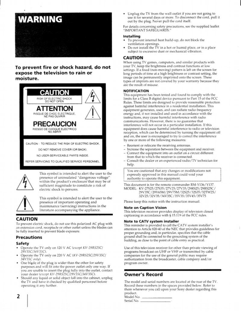 Sony 50VX15K 50VX2213 50YX22B TV Operating Manual