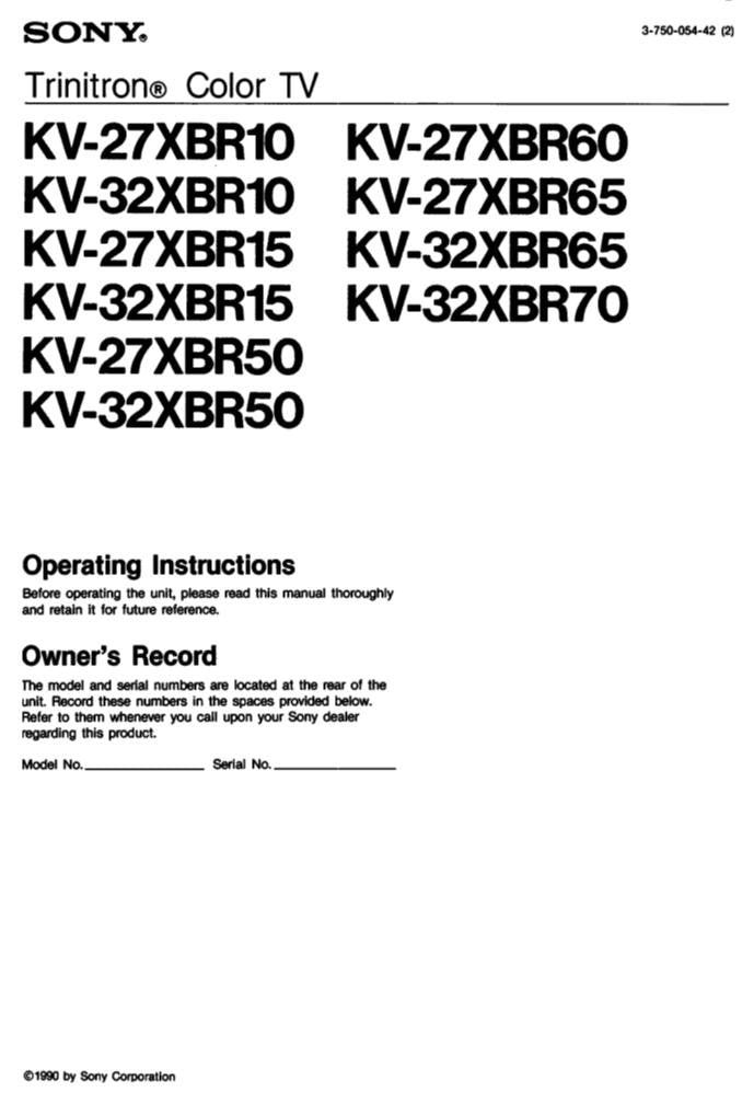 Sony KV27XBR10 KV27XBR15 KV27XBR50 TV Operating Manual