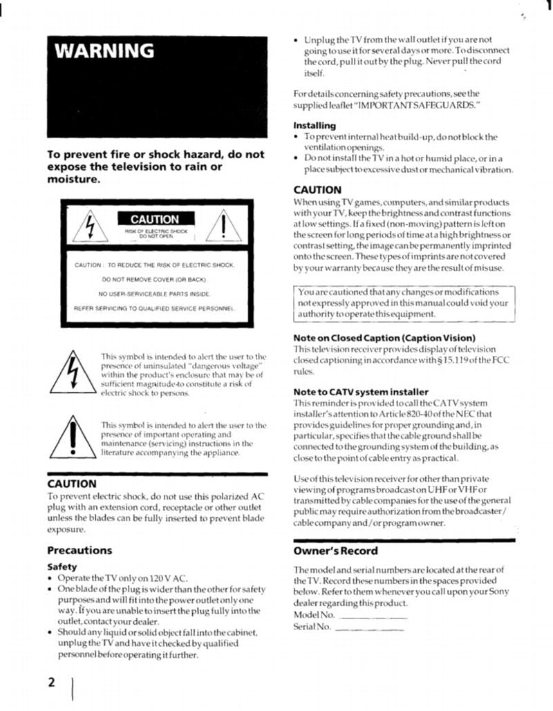 Sony KV27XBR45 KV27XBR45M KV32XBR45 TV Operating Manual