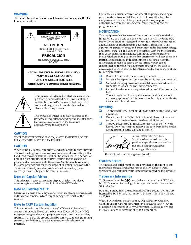 Sony KV32HS500 KV36HS500 TV Operating Manual