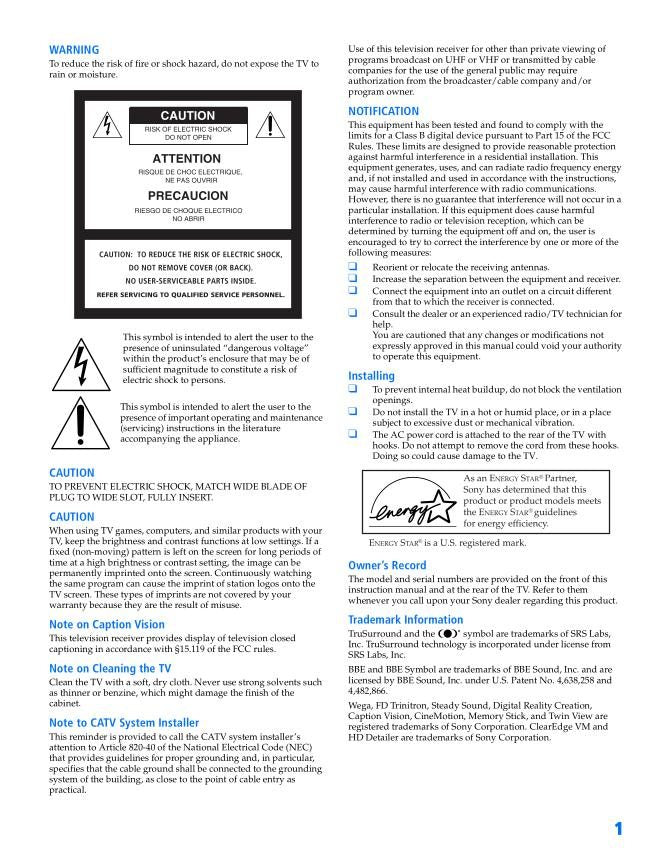 Sony KV34XBR800 TV Operating Manual
